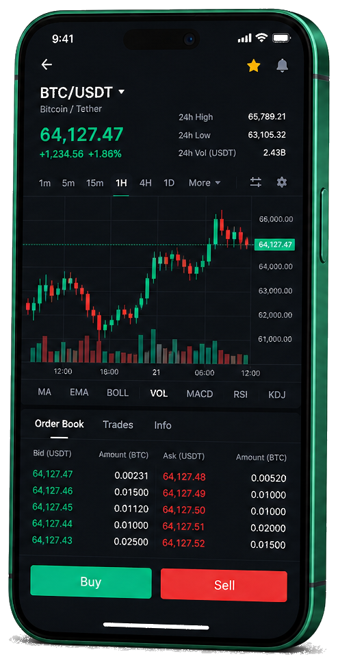 Interface mobile de trading Orvixent — prix BTC/USDT en direct, carnet d’ordres et outils de suivi des opérations